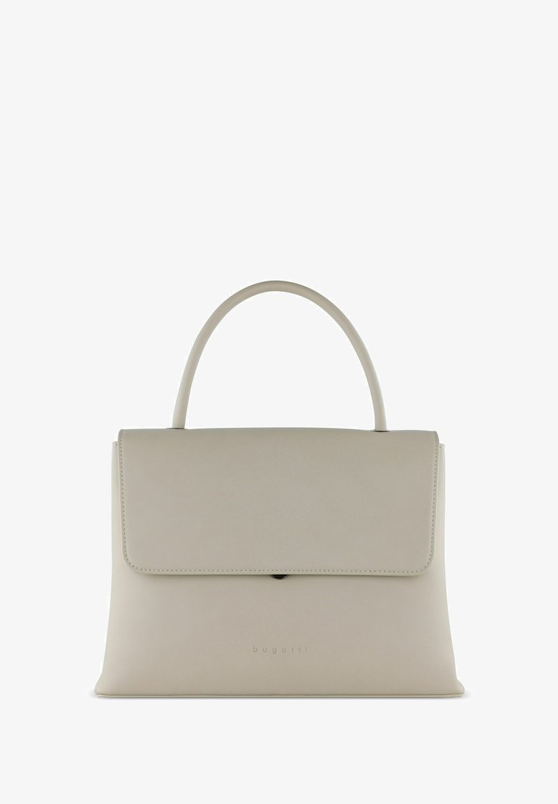 Beige handtas van glad leer, met een gestructureerde vorm, ronde handgreep en een klepsluiting met een subtiele logo-detail.