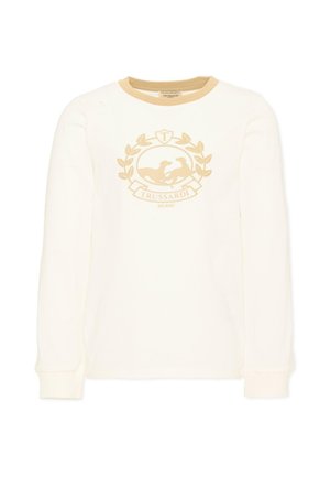 Sweat-shirt crème manches longues avec bordure beige au niveau du col et emblème beige avec deux lévriers et le texte "Trussardi Milano" sur le devant.
