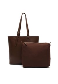 Dunkelbraune Leder-Tasche mit langen Griffen, begleitet von einem kleineren dunkelbraunen Reißverschlussetui vorne auf weißem Hintergrund.