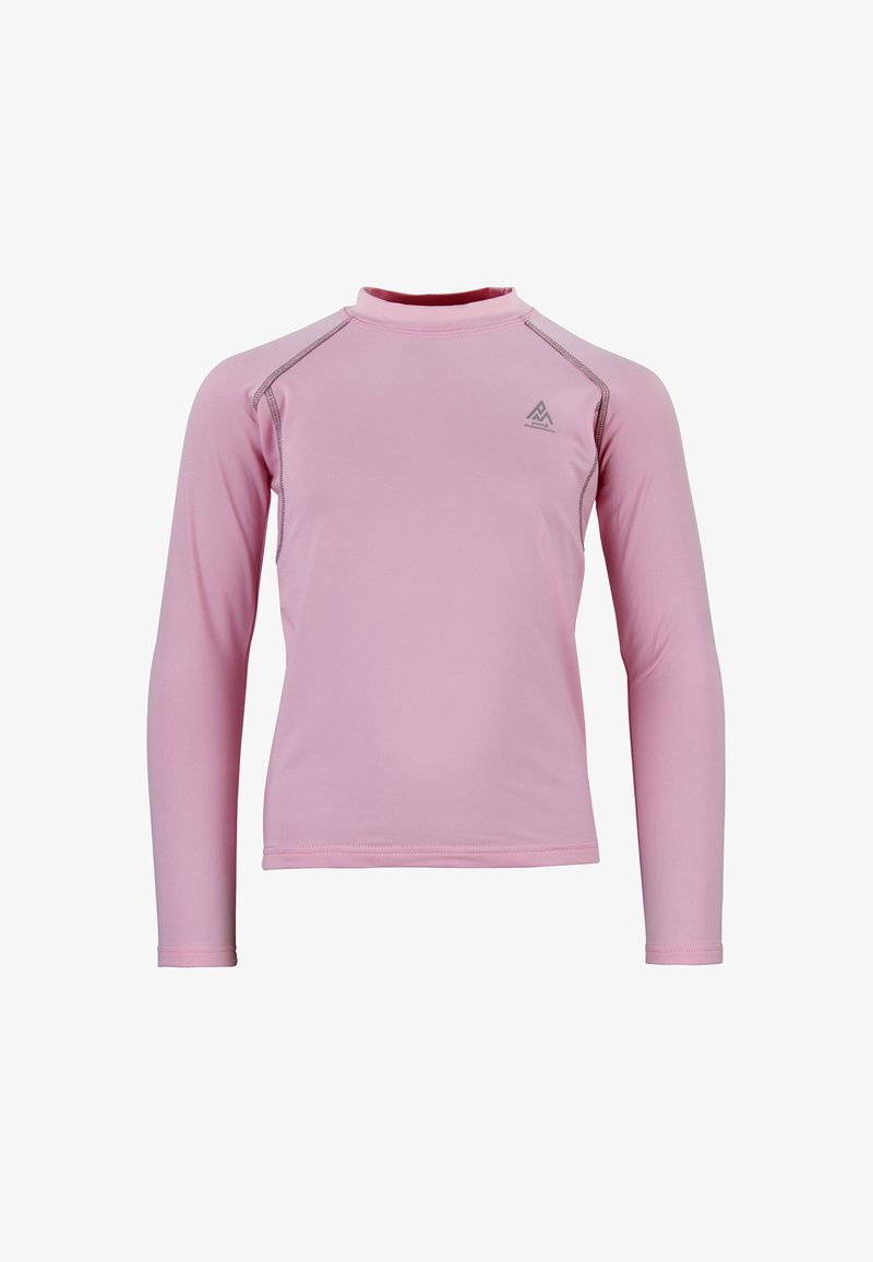 Rash guard à manches longues rose clair fabriqué en matériau extensible, doté d'un col haut, de coutures plates et d'un petit logo sur la poitrine.