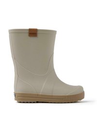 Stivale da pioggia in gomma beige chiaro con suola testurizzata color marrone. Caratterizzato da un'etichetta in pelle marrone e un design liscio e arrotondato.