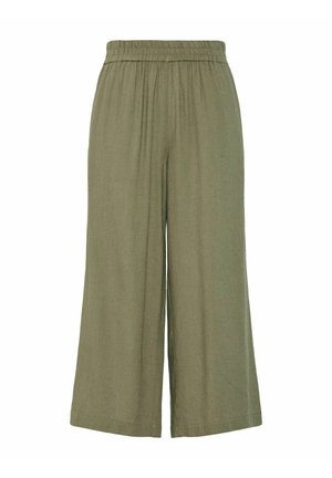 Pantalons larges verts en tissu léger, dotés d'une taille élastique et d'un design plissé, adaptés pour une tenue décontractée.