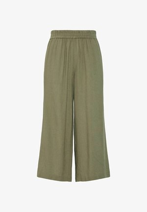 Žalios plačios kelnės, pagamintos iš lengvos medžiagos, su elastinga juosmens juosta ir plisavimo dizainu, tinkamos kasdieniam dėvėjimui.