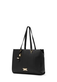 Borsa tote in pelle nera con cuciture verticali, finiture in oro, doppio manico e portachiavi con lucchetto.