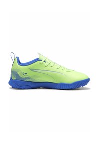 Zapatillas deportivas de color verde lima con acentos azules, parte superior de malla ligera, suela de goma texturizada y diseño aerodinámico para agilidad.