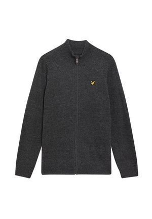 Grauer Zip-Up-Cardigan aus weichem Stoff, mit Stehkragen und einem kleinen gelben Logo auf der linken Brust. Langärmlig und mit glatter Textur.