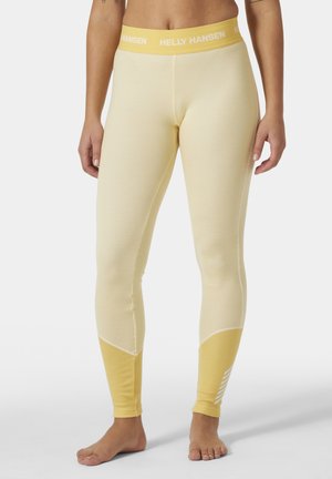 Yellow leggings with a textured design. The waistband features "HELly HANSEN" branding. Accents include a contrasting yellow panel at the ankles.