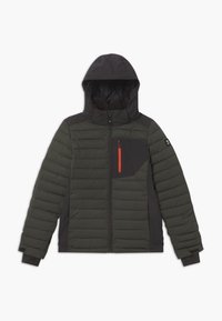 Pohodlná bunda v tmavě zelené a černé barvě, s kapuc�í, předním zipem a oranžovou kapsou na zip na hrudi. Texturovaná tkanina s kontrastními panely.