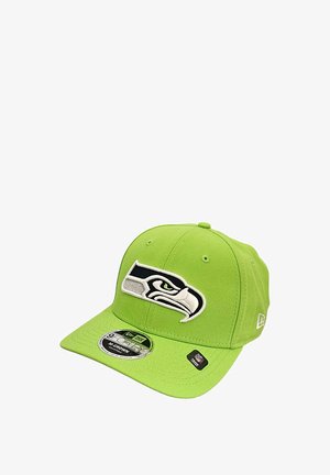 Green cap with a structured design, featuring a prominent Seattle Seahawks logo embroidered on the front. Includes a curved visor and adjustable strap.