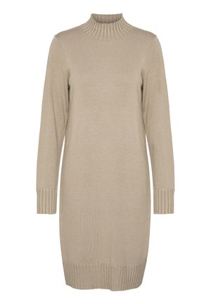Beige sweaterjurk met een geribbelde hoge hals, lange mouwen en geribbelde manchetten en zoom. Glad textuur en knielange ontwerp.