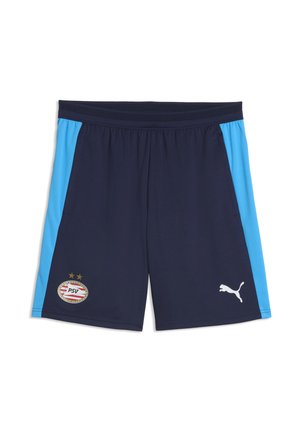 Marineblaue Sportshorts mit hellblauen Seitenpanelen, PSV Fußballclub-Wappen am linken Bein und weißem Puma-Logo am rechten Bein.