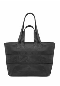 Czarna torba na ramię z dwiema górnymi rączkami, wykonana z gładkiego materiału. Posiada usztywniony prostokątny kształt oraz dwie poziome zewnętrzne kieszenie.