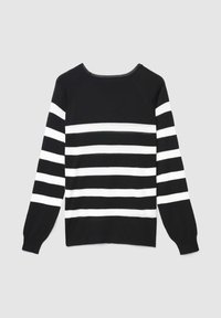 Schwarz-weiß gestreifter Pullover mit rundem Ausschnitt, langen Ärmeln und lockerem Sitz. Hergestellt aus weichem Strickmaterial.