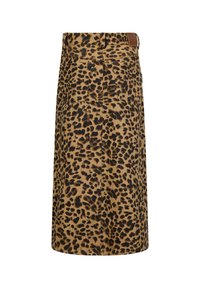 Leopardenprint rok in beige en bruin, gemaakt van gestructureerde stof. Heeft een strakke taille en meerdere zakken. Lederen accent bij de taille.