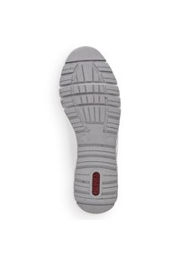 Suela de zapato de goma en gris claro con un patrón de tracción texturizado. Presenta un pequeño logo rojo y detalles moteados para una mayor agarre y durabilidad.