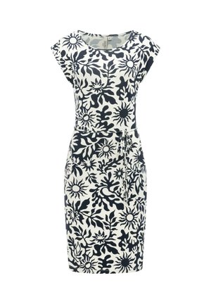 Kortermet kjole til knelengde med marineblått abstrakt blomsterprint på hvit bakgrunn og tynn midjebånd.