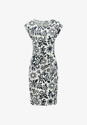 Jurk met korte mouwen tot op de knie, met een abstract bloemenpatroon in marineblauw op een witte achtergrond en een dunne tailleband.