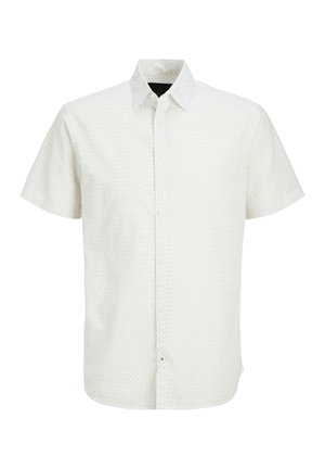Short-sleeve white button-up shirt with subtle light gray geometric pattern and classic collar, displayed on white background.