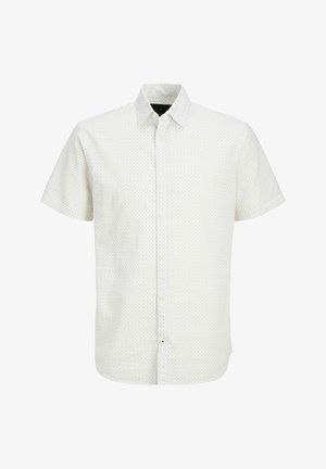 Chemise blanche à manches courtes avec un motif géométrique gris clair subtil et un col classique, présentée sur fond blanc.