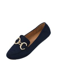 Mocassini slip-on in suede blu navy con accenti in metallo dorato circolari sulla parte anteriore, caratterizzati da una punta arrotondata e un interno liscio.