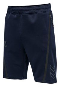 Shorts de sport bleu marine en tissu lisse, dotés d'une taille élastique, d'une poche zippée sur le côté et d'une rayure diagonale avec un logo.