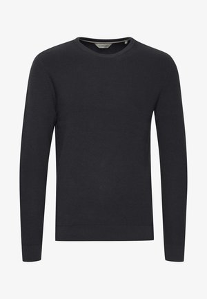 Sötét szürke kötött pulóver hosszú ujjakkal, kerek nyakkivágással, bordás mandzsettákkal és aljjal. Texturált anyagmintával rendelkezik.