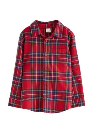 Röd rutig skjorta i mjukt material med långa ärmar, krage, knäppning framtill och en ficka på vänster bröst.