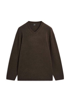 Maglione marrone a V con maniche lunghe, in tessuto lavorato a maglia, con polsini e orlo a costina. Presenta una vestibilità comoda e un tessuto morbido.