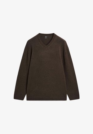 Brun V-hals sweater med lange ærmer, strikket tekstur og ribbede manchetter og kant. Har en afslappet pasform og blødt stof.