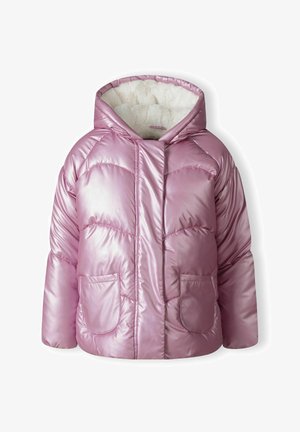 Giacca imbottita rosa chiaro con un esterno lucido, cappuccio, due tasche frontali e morbida foderatura interna bianca. Presenta pannelli dal design trapuntato.