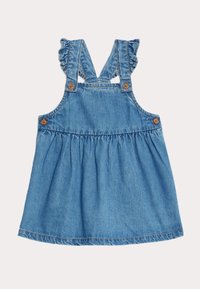 Denimkleid mit verstellbaren Rüschenträgern, gerafftem Rock und zwei Holzknöpfen an der Vorderseite. Hellblaue Farbe mit lässigem Design.