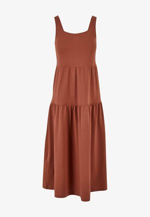 Braunes, ärmelloses Maxikleid aus weichem Stoff, mit quadratischem Ausschnitt und gestuftem Rock in fließendem Schnitt.