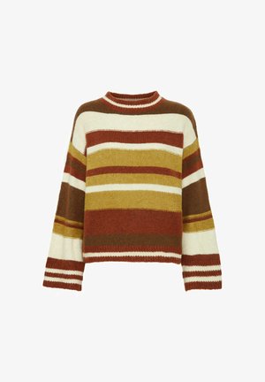 Suéter a rayas en tonos tierra de marrón, mostaza y crema. Confeccionado en tejido de punto, con un corte relajado y mangas anchas.