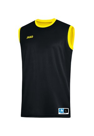 Sort ærmeløs sportstrøje med gul krave og kant ved ærmerne, gul "JAKO"-logo på brystet og størrelseslabel i bundkanten.