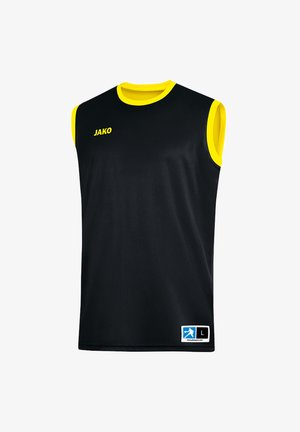 Schwarzes ärmelloses Sportshirt mit gelbem Kragen und Ärmelabschluss, gelbem "JAKO"-Logo auf der Brust und Größenetikett am unteren Saum.