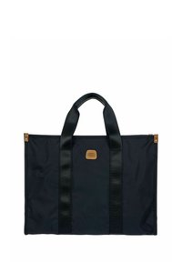 Borsa a tracolla nera in nylon, con tessuto testurizzato, due manici robusti e una patch in pelle marrone sul davanti.