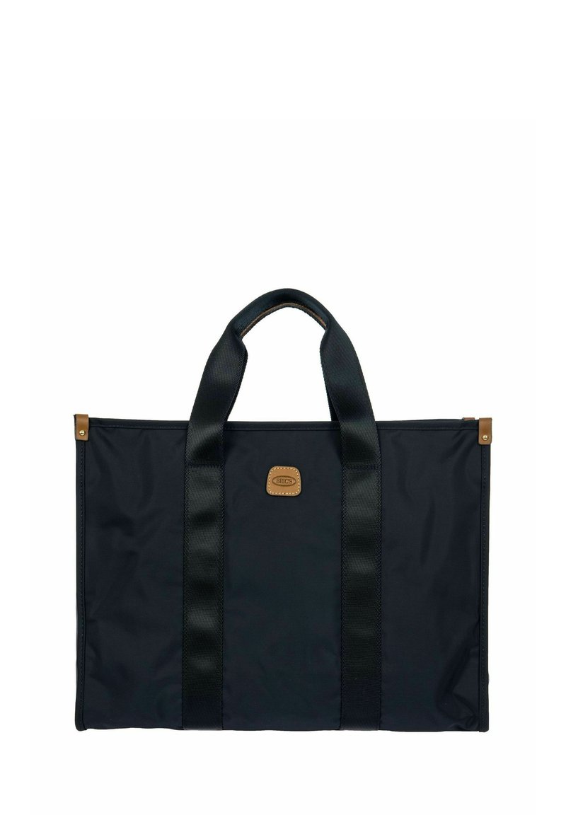 Borsa a tracolla nera in nylon, con tessuto testurizzato, due manici robusti e una patch in pelle marrone sul davanti.