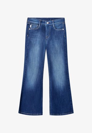 Blaue Denim-Jeans mit ausgestelltem Bein, Vordertaschen, Gürtelschlaufen, Knopfverschluss und verblasster Textur an Oberschenkeln und Knien.