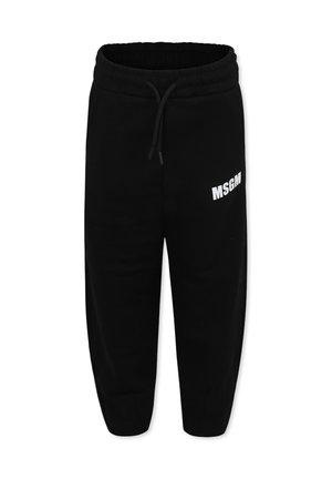 Czarne dresy wykonane z miękkiego materiału, z tapered designem, elastycznym pasem ze sznurkiem oraz białym logo MSGM na lewym udzie.