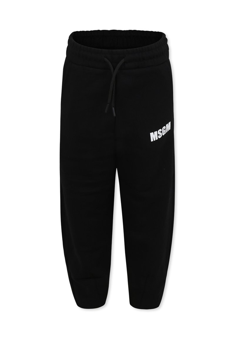 Zwarte sweatpants van zachte stof, met een taps toelopend ontwerp, elastische tailleband met trekkoord en wit MSGM-logo op de linkerdij.