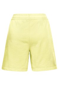 Hellgelbe Shorts in mittlerer Oberschenkellänge aus weichem Stoff, mit einem elastischen Bund und Seitennähten, versehen mit einfacher Saumnaht.