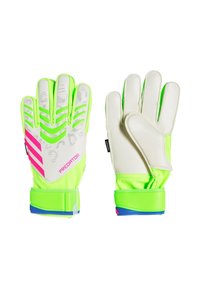 Guantes de portero verde neón con palmas blancas, zonas de agarre texturizadas y acentos en rosa. Incluye correas ajustables en la muñeca para un ajuste seguro.
