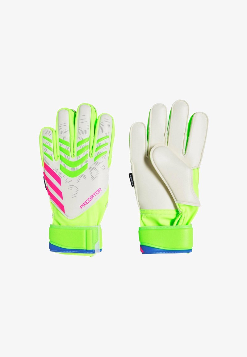 Guantes de portero verde neón con palmas blancas, zonas de agarre texturizadas y acentos en rosa. Incluye correas ajustables en la muñeca para un ajuste seguro.