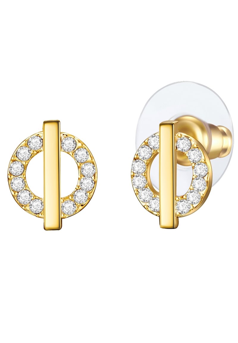 Kuldtooni stud kõrvarõngad, millel on ümmargune disain, mille äärtes on selged rhinestone'id ja keskel vertikaalne vars.