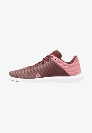 Maroon and pink athletic shoe with a textured upper, striped design, lace closure, and white sole. Accented logo on the side.