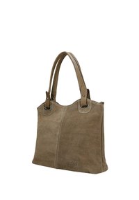 Sac cabas en daim marron avec deux poignées en cuir, ferrures métalliques et logo « wojas » sur le bas droit à l'avant.