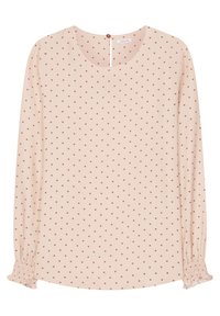 Blusa a maniche lunghe in tessuto beige chiaro con piccoli pois rossi, caratterizzata da un collo rotondo e polsini arricciati. Chiusura con bottoni sul retro.