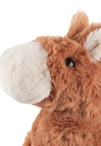 Plush toy horse with brown fur, cream muzzle, and black safety eyes. Textured, fluffy exterior with a small tuft of hair on the head.