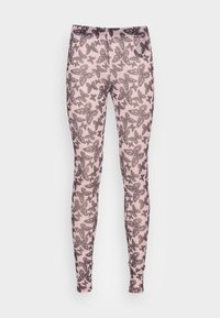 Leggings com um design ajustado, feitos de tecido elástico em rosa pálido, apresentando um padrão de borboletas pretas por toda a superfície.
