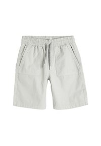 Pantaloni corti di cotone grigio chiaro con vita elastica, coulisse e due tasche laterali. Texture liscia e design casual.